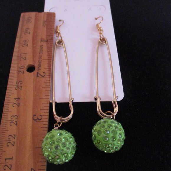 Pin Hook Earrings Green Pave Balls GOLDTONE Free Gift Box - Picture 3 of 3